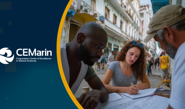Logo de CEMarín junto a imagen de tres personas revisando apuntes de estudio