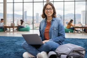 Estudiante universitaria trabajando en u computador