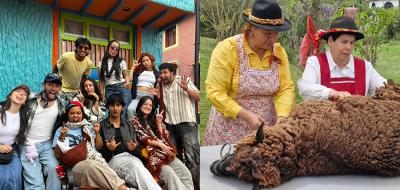 Grupo de estudiantes de Diseño Industrial de Utadeo y artesana de Boyacá con una oveja